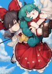  2girls black_hair bow brown_eyes collared_shirt curly_hair detached_sleeves frilled_skirt frills geta green_eyes green_hair hair_bow hair_tubes hakurei_reimu highres horns japanese_clothes kariyushi_shirt komano_aunn long_hair multiple_girls nontraditional_miko red_bow red_shirt red_skirt ribbon-trimmed_sleeves ribbon_trim shirt short_sleeves shorts sidelocks signature single_horn skirt sparkle touhou uchisaki_himari white_shorts white_sleeves wide_sleeves 