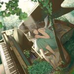  1girl absurdres angel_wings bare_shoulders blurry blurry_foreground brown_hair dress flower grand_piano green_dress grey_eyes hechima_(issindotai) high_heels highres instrument leaf long_hair lying on_side original overgrown piano solo white_footwear wings 
