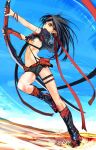  1girl alf874 black_hair black_shorts boots from_side full_body hair_ribbon hairband holding holding_sword holding_weapon knee_boots looking_to_the_side messy_hair open_mouth original outdoors pointy_ears red_eyes red_hairband ribbon running shorts sky sword thigh_strap weapon 