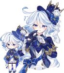 1girl :&lt; ascot asymmetrical_gloves black_gloves blue_ascot blue_bow blue_coat blue_gemstone blue_headwear bow chibi coat cowlick cropped_torso frills furina_(genshin_impact) gem genshin_impact gloves hair_between_eyes hat highres long_sleeves looking_at_viewer medium_hair mismatched_gloves nunnunnnnnnnu parted_lips shorts simple_background thighhighs top_hat white_background white_gloves white_hair white_shorts white_thighhighs 