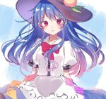  1girl black_headwear blue_background blue_hair bow bowtie closed_mouth commentary english_commentary food fruit highres hinanawi_tenshi leaf long_hair looking_at_viewer moshihimechan peach red_bow red_bowtie red_eyes short_sleeves smile solo touhou upper_body 