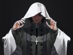  1boy black_background black_hair cassock clerical_collar cross cross_necklace fate/grand_order fate_(series) jewelry kotomine_kirei long_sleeves looking_at_viewer male_focus necklace priest rasputin_(fate) short_hair simple_background smile stole tnaym upper_body 