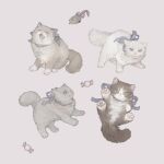  animal_focus candy cat commentary_request food grey_cat looking_at_viewer mouse nekosuke_(oxo) no_humans original purple_ribbon ribbon simple_background toy white_background white_cat 