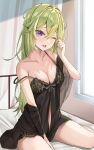  1girl alternate_costume babydoll bed black_babydoll breasts cleavage collarbone day genshin_impact green_hair hair_down highres indoors kd_(kdh45689) kuki_shinobu long_hair medium_breasts messy_hair navel on_bed one_eye_closed open_mouth purple_eyes raised_eyebrows solo strap_slip thighs waking_up window 