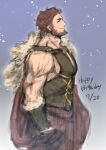  absurdres bara beard cape facial_hair fate/grand_order fate_(series) feet_out_of_frame from_side happy_birthday highres iskandar_(fate) large_pectorals looking_up male_focus muscular muscular_male pectorals profile red_eyes red_hair shababuru short_hair sidepec single_bare_shoulder sketch wrinkled_skin 