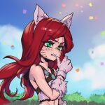  1girl animal_ears bare_shoulders biting bush cat_ears cloud confetti day facial_mark fake_animal_ears fur_bracelet gloves green_eyes katarina_(league_of_legends) kitty_cat_katarina league_of_legends long_hair nail_biting outdoors phantom_ix_row red_hair solo upper_body whisker_markings white_gloves 