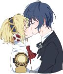  1boy 1girl aegis_(persona) android black_jacket black_ribbon blonde_hair blue_hair blush bow bowtie closed_eyes commentary_request detached_collar elulit2 from_side gekkoukan_high_school_uniform hairband headphones height_difference hetero jacket kiss korean_commentary neck_ribbon persona persona_3 profile red_bow red_bowtie ribbon robot_ears school_uniform shirt short_hair simple_background uniform white_background white_shirt yuuki_makoto 