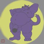  anthro balls belly bernard_(ok_k.o.!_lbh) big_belly black_nipples canid canine cartoon_network genitals half-closed_eyes hi_res looking_at_viewer male mammal muscular muscular_anthro muscular_male narrowed_eyes nestle_killa nipples ok_k.o.!_let&#039;s_be_heroes overweight overweight_male penis purple_body purple_tail slightly_chubby solo standing tail thick_thighs were werecanid werecanine werewolf yellow_eyes 