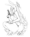  1girl akane_(blue_archive) akane_(bunny)_(blue_archive) animal_ears ass berserkert blue_archive breasts glasses gun halo handgun high_heels highres large_breasts long_hair looking_back playboy_bunny rabbit_ears rabbit_tail sketch squatting tail trigger_discipline weapon white_background 