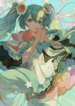  1girl :3 absurdres aqua_rose black_dress blue_sky closed_mouth commentary_request cowboy_shot dress fingernails flower flower_skirt green_flower green_hair green_rose green_theme hair_flower hair_ornament hatsune_miku highres hlymoriia layered_dress long_hair looking_at_viewer magical_mirai_(vocaloid) magical_mirai_miku magical_mirai_miku_(2021) multicolored_clothes multicolored_dress non-web_source orange_flower orange_rose own_hands_clasped own_hands_together pink_flower pink_rose red_dress red_flower red_rose ribbon_trim rose sky sleeves_past_elbows smile solo twintails very_long_hair vocaloid white_dress white_flower white_nails wide_sleeves yellow_flower yellow_rose 