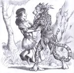 0laffson 5_fingers anthro areola biped breasts clothed clothing clouded_leopard duo eye_contact eyebrows felid female fingers fur hair hi_res human human_on_anthro interspecies looking_at_another male male/female mammal monochrome nipples pantherine plant smile tail tree 