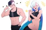  ... 1boy 1girl abs black_hair black_sports_bra blue_hair breasts brynhildr_(fate) closed_eyes couple fate/grand_order fate_(series) glasses highres kowai_(iamkowai) long_hair multicolored_hair muscular muscular_male navel open_mouth own_hands_together sigurd_(fate) simple_background smile spiked_hair sports_bra sportswear tears very_long_hair white_hair 
