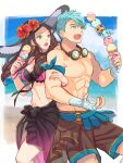  1boy 1girl bandaged_hand bandages bikini black_bikini blue_eyes blue_hair breasts brown_hair caspar_von_bergliez caspar_von_bergliez_(summer) couple dorothea_arnault dorothea_arnault_(summer) fire_emblem fire_emblem:_three_houses fire_emblem_heroes hetero highres ice_cream_scoop kh_(tanakananataka) large_breasts nail_polish official_alternate_costume open_mouth pink_nails sarong swimsuit teeth upper_teeth_only 