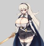  1girl :d black_dress black_gloves black_hairband breasts cleavage commentary_request corrin_(female)_(fire_emblem) corrin_(fire_emblem) covered_navel cowboy_shot dress fire_emblem fire_emblem_fates gloves grey_background grey_hair hair_ornament hairband highres holding holding_sword holding_weapon huge_breasts juliet_sleeves long_hair long_sleeves looking_at_viewer open_mouth plump pointy_ears puffy_sleeves red_eyes sawati short_dress simple_background skindentation smile solo standing sword thighhighs thighs very_long_hair weapon yato_(fire_emblem) 