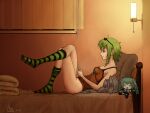  1girl bare_arms bare_hips bare_legs bed bed_sheet bedroom brown_tank_top cellphone collarbone crossed_legs curtains doll goggles goggles_on_head green_eyes green_footwear green_hair gumi hachune_miku hatsune_miku highres holding holding_phone kneehighs light looking_at_phone night non-web_source on_bed on_pillow phone pillow relaxing short_hair smile socks striped striped_socks tank_top window 