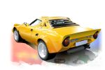  2023 artist_name car commentary_request exhaust_pipe ground_vehicle highres lancia_(brand) lancia_stratos license_plate motor_vehicle nimbus_goldbrum no_humans original realistic vehicle_focus white_background yellow_car 