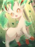  brown_eyes commentary_request falling_leaves fangs forest highres katsukare leaf leafeon looking_at_viewer nature no_humans open_mouth pokemon pokemon_(creature) smile solo sunlight tree 