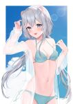  1girl animal_ears aone_ioru aqua_eyes bikini blue_bikini blush breasts cleavage_cutout clothing_cutout grey_hair hair_between_eyes hamster_ears hamster_girl highres indie_virtual_youtuber long_hair long_sleeves medium_breasts mochiko_(uyu_omochi) navel open_mouth solo stomach swimsuit virtual_youtuber 