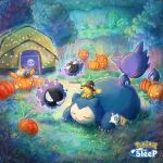  black_headwear clothed_pokemon commentary_request cubone floating gastly gengar grass hat haunter jack-o&#039;-lantern logo meowth night no_bra official_art outdoors pikachu pokemon pokemon_(creature) pokemon_(game) pokemon_sleep pumpkin sleeping snorlax sowsow string_lights tent tree witch_hat 