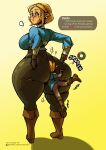  big_breasts big_butt blonde_hair breasts butt english_text female hair hi_res holding_breast huge_butt humanoid hylian larger_female link nintendo not_furry princess_zelda size_difference stinkface tail-blazer text the_legend_of_zelda thick_thighs url 