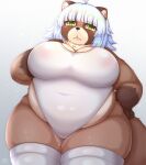  2023 :&lt; ahoge anthro areola belly big_breasts biped blush breasts brown_body brown_ears brown_fur brown_inner_ear brown_nose brown_tail canid canine cleavage clothed clothing colored countershade_face countershade_fur countershade_torso countershading curvy_figure digital_media_(artwork) eyelashes female female_anthro fingers fluffy fluffy_tail front_view fully_clothed fur glistening glistening_body glistening_clothing glistening_eyes glistening_fur glistening_hair gloves_(marking) gradient_background green_eyes green_pupils hair hand_on_breast hand_on_hip hi_res huge_breasts humanoid_hands inner_ear_fluff kemono legwear looking_at_viewer mammal markings monotone_ears monotone_hair monotone_tail multi_tone_fur multicolored_body multicolored_fur navel_outline neck_tuft one-piece_swimsuit overweight overweight_anthro overweight_female pink_areola portrait pupils raccoon_dog shaded shibaemonxsk short_hair simple_background skindentation solo standing swimwear tail tan_body tan_countershading tan_fur tanuki thick_thighs thigh_highs three-quarter_portrait translucent translucent_clothing translucent_swimwear tuft voluptuous white_clothing white_hair white_inner_ear_fluff white_legwear white_swimwear white_thigh_highs wide_hips 