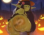  absurd_res anthro big_butt bodily_fluids butt female food forastero fruit goblin halloween hi_res holidays huge_butt humanoid jazel_(forastero) nude plant pumpkin solo sweat 