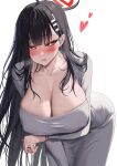  1girl alpha_(ypalpha79) alternate_costume arm_under_breasts black_hair blue_archive blush breasts breath bright_pupils cleavage collarbone dress grey_dress halo heart highres huge_breasts jewelry leaning_forward long_hair long_sleeves looking_at_viewer nose_blush red_eyes ring rio_(blue_archive) simple_background solo straight_hair sweat very_long_hair wedding_ring white_background white_pupils 