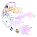  1girl angel angewomon belt blonde_hair covered_eyes digimon digimon_(creature) full_body helmet_over_eyes highres long_hair mask mermaid monster_girl roccoco_co simple_background solo white_background white_tail wings 