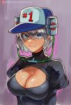  1girl 2b_(nier:automata) baseball_cap beer_can black_dress blue_eyes breasts can cleavage cleavage_cutout closed_mouth clothing_cutout dress grey_hair hat highres juliet_sleeves large_breasts long_sleeves looking_at_viewer mole mole_under_mouth nier:automata nier_(series) no_blindfold puffy_sleeves ribosoma_42 short_hair solo 