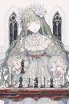  1girl artist_name blunt_bangs board_game candle chess chess_piece closed_eyes commission dress fingernails flower green_dress green_hair hair_flower hair_ornament highres holding_chess_piece indoors long_hair long_sleeves original smile solo table white_flower window yuko_(foret_noire) 
