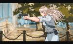  1girl absurdres belt blonde_hair blue_bow blue_bowtie blurry blurry_background bow bowtie collared_shirt diagonal-striped_bowtie finger_on_trigger gun handgun highres holding holding_gun holding_weapon jormungand koko_hekmatyar long_sleeves looking_at_viewer magazine_(weapon) shirt sig_pro sleeves_rolled_up smoke smoking_gun solo_focus striped striped_bow striped_bowtie van_duck_iii weapon white_shirt 