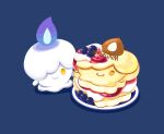  blue_background blue_fire blueberry character_food closed_mouth commentary_request fire food fruit litwick no_humans pancake plate pokemon pokemon_(creature) purple_fire rizu_(rizunm) simple_background smile solo strawberry_syrup yellow_eyes 