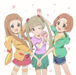  3girls animal_hood blue_shirt blue_shorts blunt_bangs blush bow brown_eyes brown_hair commentary female_child green_jacket green_skirt hair_bobbles hair_ornament heart heart_hands highres holding_hands hood hooded_jacket ichihara_nina idolmaster idolmaster_cinderella_girls idolmaster_cinderella_girls_u149 interlocked_fingers jacket light_brown_hair long_hair long_sleeves looking_at_viewer megabee_e multiple_girls one_eye_closed open_mouth orange_hair orange_jacket orange_shirt pantyhose petals pink_shirt pink_skirt pleated_skirt print_shirt rabbit_hood red_bow ryuzaki_kaoru shirt short_hair shorts sidelocks skirt smile striped striped_pantyhose striped_sleeves teeth twintails upper_teeth_only v-shaped_eyebrows white_background yellow_eyes yokoyama_chika 