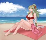  1girl absurdres barefoot beach bikini breasts cleavage collarbone commentary_request commission fire_emblem fire_emblem_awakening fire_emblem_heroes full_body green_eyes green_hair hair_ornament hazuki_(nyorosuke) highres knees_up large_breasts legs long_hair looking_at_viewer navel official_alternate_costume outdoors pointy_ears ponytail red_bikini ribbon sitting skeb_commission smile solo swimsuit tiara tiki_(adult)_(fire_emblem) tiki_(adult)_(summer)_(fire_emblem) tiki_(fire_emblem) toes towel 