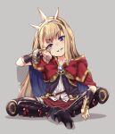 1girl black_footwear blonde_hair boots bow bracer brooch cagliostro_(granblue_fantasy) cape full_body gengorou granblue_fantasy grey_background grin hairband jewelry long_hair looking_at_viewer purple_eyes red_bow red_skirt simple_background sitting skirt smile solo spiked_hairband spikes straight-on teeth 