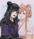  2girls black_hair black_nails blue_eyes chinese_clothes double_bun final_fantasy final_fantasy_xiv gaia_(ff14) hair_bun hair_ornament hand_on_another&#039;s_shoulder hanfu highres hyur light_smile long_hair looking_at_viewer multiple_girls nail_polish orange_hair red_lips ryne_waters shuangbatian upper_body 