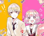  1boy 1girl alien arrow_(symbol) badge black_serafuku blue_necktie blush bob_cut bow button_badge cardigan closed_mouth cloud collared_shirt commentary diagonal-striped_necktie double-parted_bangs food fruit hair_flaps hand_on_own_arm happy heart kamiyama_high_school_uniform_(project_sekai) long_sleeves looking_at_viewer miyamasuzaka_girls&#039;_academy_school_uniform nanapo_(ms179911) neckerchief necktie ootori_emu open_collar orange_(fruit) orange_eyes orange_hair orange_slice pink_background pink_eyes pink_hair project_sekai purple_bow rainbow red_neckerchief red_necktie sailor_collar school_uniform serafuku shirt short_hair side-by-side smile star_(symbol) sticker striped striped_bow sweat tareme tenma_tsukasa two-tone_background two-tone_necktie unicorn upper_body v-neck wavy_mouth white_cardigan white_necktie white_sailor_collar white_shirt yellow_background 