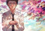  1boy :d black_eyes black_hair black_necktie blurry blurry_background branch cherry_blossoms christon-clivef collared_shirt english_commentary ishida_shouya koe_no_katachi looking_at_viewer male_focus necktie open_mouth school_uniform shaded_face shadow shirt short_hair smile solo spiked_hair white_shirt 