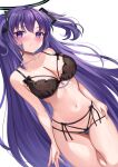  1girl :&lt; bare_arms bare_shoulders black_bra black_panties blue_archive blush bra breasts cleavage closed_mouth collarbone commentary_request dutch_angle hair_ornament halo head_tilt highres katsushika_pachi large_breasts long_hair mechanical_halo multi-strapped_panties navel panties purple_eyes purple_hair simple_background solo stomach two_side_up underwear underwear_only very_long_hair white_background yuuka_(blue_archive) 