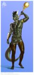  abs anthro archshen argonian armor balls belt belt_pouch bethesda_softworks blue_eyes claws clothing erection genitals green_body green_scales hi_res holding_object humanoid_genitalia humanoid_penis jewelry legwear looking_at_viewer male mostly_nude muscular muscular_male necklace pecs penis scales scalie solo solo_focus staff tail the_elder_scrolls unconvincing_armor weapon wrist_guards 