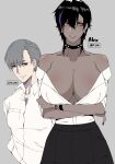  1boy 1girl alex_(cero_rains) black_hair blue_hair breasts cero_rains character_name choker cleavage collar collared_shirt commentary dark-skinned_female dark_skin earrings english_commentary grey_hair height_difference highres huge_breasts jewelry looking_at_viewer medium_hair mole mole_on_armpit mole_under_eye multicolored_hair orange_eyes original shirt short_hair simple_background smile spiked_choker spiked_collar spikes streaked_hair two-tone_hair upper_body 