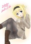  1girl 2017 :d belt black_hairband black_pantyhose blue_eyes blush boots brown_belt brown_footwear brown_sweater buttons casual chitose_sana commentary_request dated double_bun dress eyes_visible_through_hair feet_out_of_frame hair_between_eyes hair_bun hair_intakes hairband happy highres hirocchi interlocked_fingers knees_together_feet_apart long_hair looking_at_viewer lying on_back open_mouth own_hands_together panties panties_under_pantyhose pantyhose sidelocks signature sketch sleeves_past_wrists smile solo sweater sweater_dress teeth tenshinranman thighband_pantyhose two_side_up underwear upper_teeth_only 