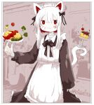  1girl :3 animal_ears apron arm_at_side ashi_izumo balancing bandaged_neck bandages bandaid bandaid_on_face black_bow black_dress blush_stickers border bow bright_pupils broccoli cat_ears cat_tail cherry closed_mouth double-parted_bangs dress feet_out_of_frame food frilled_apron frills fruit gauze gauze_on_face hair_bow hand_up highres holding holding_plate jitome ketchup long_dress long_sleeves looking_at_viewer maid_apron maid_headdress multicolored_hair omelet omurice original photo_background plate pudding red_eyes red_hair short_hair short_hair_with_long_locks smile solo standing tail two-tone_hair white_apron white_border white_hair white_pupils white_tail 