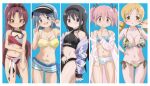  5girls akemi_homura bikini bikini_skirt black_hair blonde_hair blue_background blue_eyes blue_hair blush border bow breasts cleavage collarbone commentary_request contrapposto double_v drill_hair eye_contact finger_to_cheek groin hair_bow hair_ornament hair_ribbon hairband hand_on_hilt hand_on_own_stomach hateri highres kaname_madoka large_breasts long_hair looking_at_another looking_at_viewer mahou_shoujo_madoka_magica medium_breasts medium_hair miki_sayaka multiple_girls navel open_mouth pink_eyes pink_hair ponytail print_bikini purple_eyes red_eyes red_hair ribbon sakura_kyouko short_hair short_shorts short_twintails shorts side-tie_bikini_bottom small_breasts smile standing striped swimsuit thighs tomoe_mami twin_drills twintails v very_long_hair visor_cap white_bikini white_border yellow_bikini yellow_eyes 