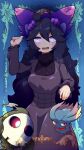  1girl @_@ absurdres afuron black_hair blue_background blush breasts commentary_request dress duskull framed hair_between_eyes hand_up hex_maniac_(pokemon) highres long_hair long_sleeves looking_at_viewer misdreavus open_mouth pokemon pokemon_(creature) pokemon_(game) pokemon_xy sweat 
