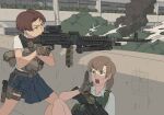  2girls aiming ammunition_belt ammunition_pouch assault_rifle brown_gloves brown_hair building collared_shirt dated etmc1992 gloves green_eyes gun handgun highres holster light_machine_gun load_bearing_vest m240 m4_carbine machine_gun multiple_girls original plate_carrier pleated_skirt pouch rifle shirt short_hair skirt smoke tactical_clothes taking_cover thigh_holster tree watermark weapon white_shirt yellow_eyes 