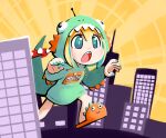  1girl amano_pikamee angry blonde_hair building city giant green_eyes green_hair green_nails highres hood hoodie medium_hair multicolored_hair notepaddy open_mouth outdoors paw_pose sharp_teeth skyscraper slippers solo tail teeth upper_teeth_only virtual_youtuber voms walking 