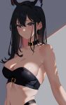  1girl absurdres animal_ear_fluff animal_ears arknights bandeau bare_shoulders binware black_choker black_hair breasts brown_eyes choker cleavage commentary_request highres large_breasts long_hair looking_at_viewer midriff solo stomach strapless texas_(arknights) tube_top upper_body wolf_ears 