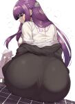  2girls ass ass_focus back black_coat blunt_bangs blush breasts coat commentary_request elf fern_(sousou_no_frieren) frieren half_updo highres huge_ass large_breasts long_hair long_sleeves looking_at_viewer looking_back multiple_girls open_mouth pointy_ears purple_eyes purple_hair sitting sousou_no_frieren wakura_(gcdan) 