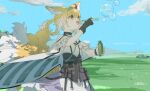  1girl absurdres animal_ear_fluff animal_ears arknights bare_shoulders black_gloves blonde_hair blue_hairband blue_sky bottle braid braided_hair_rings bubble_blowing bubble_pipe clothing_cutout cottone_(highjethoo) dress earpiece fox_ears fox_girl fox_tail frilled_sleeves frills gloves hair_rings hairband hands_up highres holding holding_bottle kitsune kyuubi multicolored_hair multiple_tails open_mouth oripathy_lesion_(arknights) outdoors purple_dress short_sleeves shoulder_cutout single_glove sky soap_bubbles solo standing suzuran_(arknights) tail twin_braids two-tone_hair white_hair yellow_eyes 